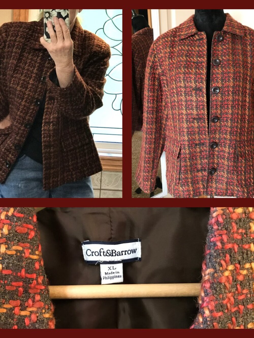 Autumn Boucle Blazer Croft & Barrow VTG 90s Button-Down Jacket Brown Rust Sz XL - Picture 10 of 10